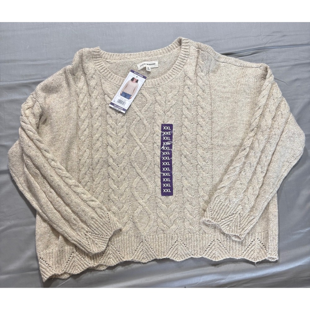 Lucky Brand Womens XXL Cable Knit Scalloped Hem Sweater Oatmeal Beige NWT